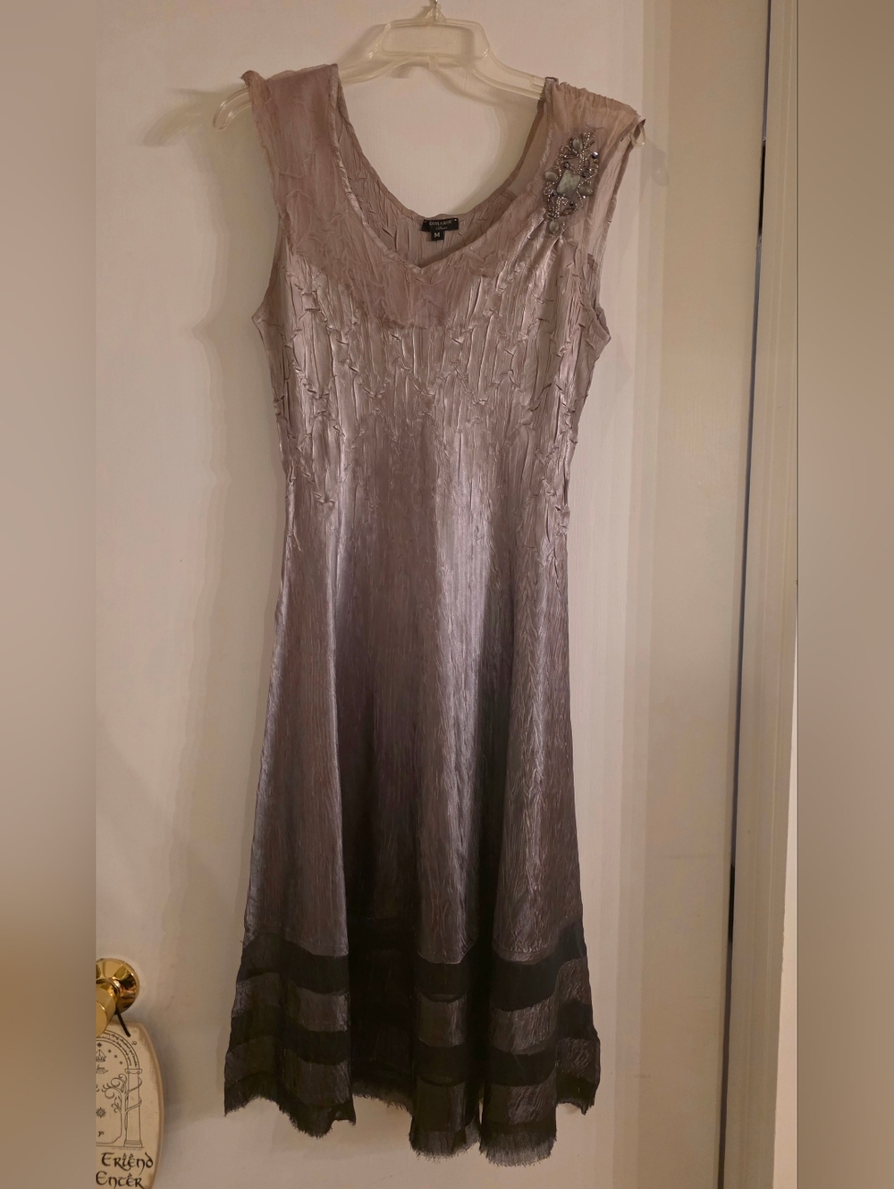 Komarov Elegant Silver Ombre Sleeveless Evening Dress with Embellished Shoulder